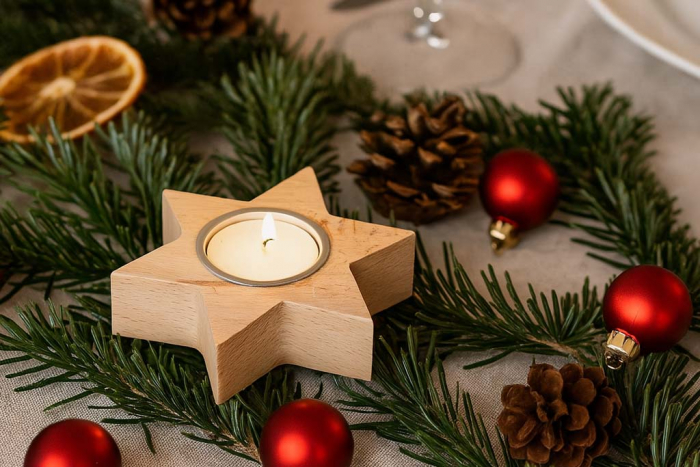 Teelichthalter Stern aus Buchenholz – natürliche Weihnachtsdeko. Jetzt kaufen!